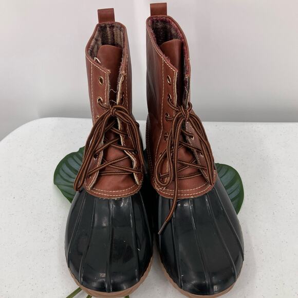 Adriana Brown Black Tan Red Plaid Flannel Lined Lace Up Duck Winter Rain Boots - Picture 6 of 11